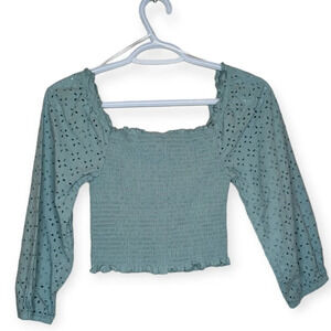 Love Tree Turquoise Cropped Smocked Eyelet Long Sleeve Top  100% Cotton Small